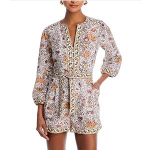 PAIGE Puglia Belted Romper Blanc Multi Floral V-Neck Three Quarter Sleeve Size 2